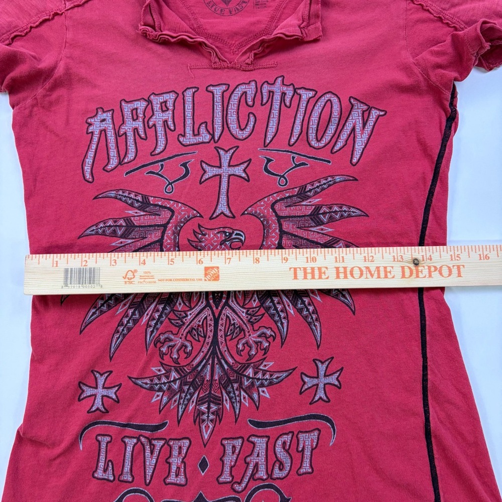 Affliction Live Fast Graphic T-Shirt Womens Medium Red Rhinestone Eagle Y2K Slim - Picture 5 of 7